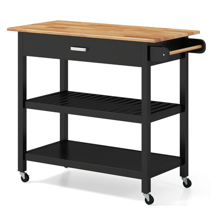 Mobile Kitchen Island Cart with Drawer & Shelves, Black