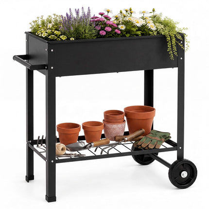 Mobile Metal Raised Garden Bed with Wheels & Shelf, Black