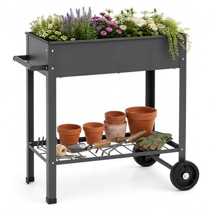 Mobile Metal Raised Garden Bed with Wheels and Shelf