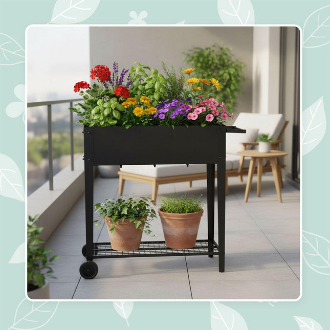 Mobile Raised Garden Bed – Wheels, Storage Shelf