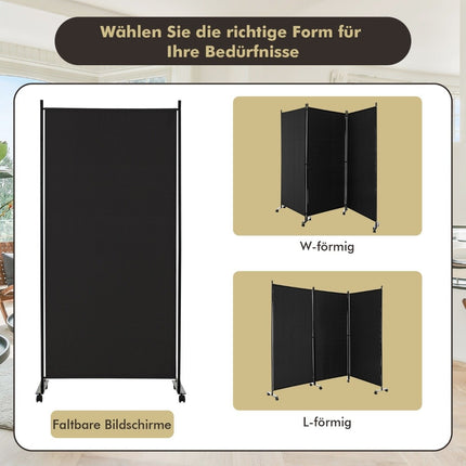 Mobile Room Divider with Wheels, 3 Panels, 180 cm, Black