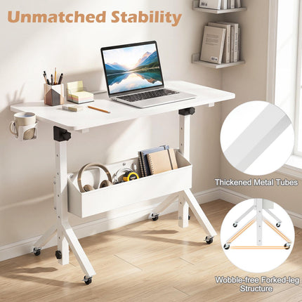 Mobile Standing Desk, Height Adjustable with Storage Basket