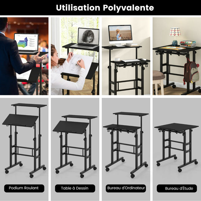 Mobile Standing Desk with Wheels, Height Adjustable, Black