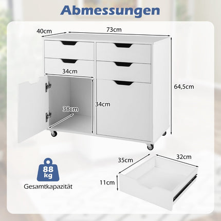 Mobile Storage Cabinet with 4 Drawers and 2 Doors, White