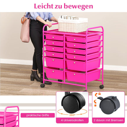Mobile Storage Cart with 12 Drawers, Metal Frame, Pink