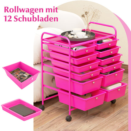 Mobile Storage Cart with 12 Drawers, Metal Frame, Pink