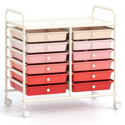 Mobile Storage Cart with 12 Stackable Drawers, Pink