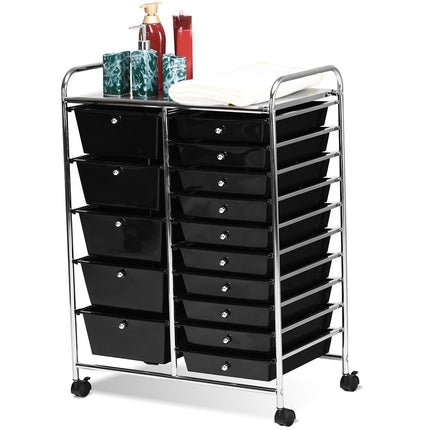 Mobile Storage Cart with 15 Stackable Drawers, Black
