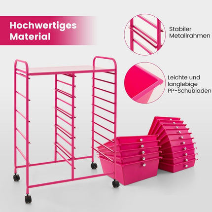Mobile Storage Cart with 15 Stackable Drawers, Pink