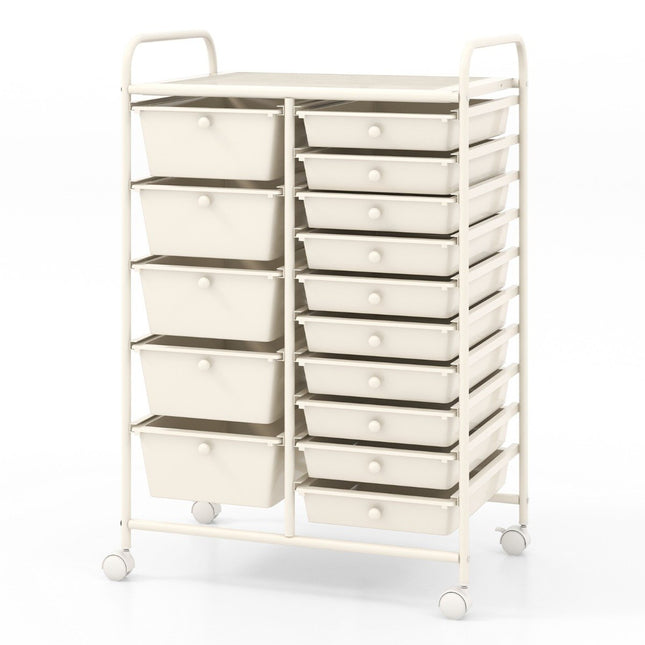 Mobile Storage Cart with 15 Stackable Drawers, White