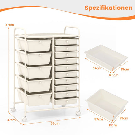 Mobile Storage Cart with 15 Stackable Drawers, White