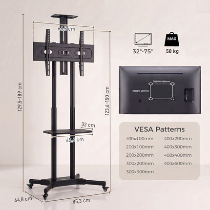 Mobile TV Stand with Adjustable Height, 32-75 Inch, Metal