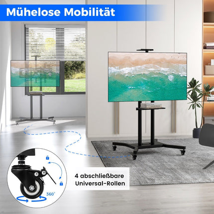 Mobile TV stand for 32-70 inch TVs up to 50 kg. Adjustable TV trolley with camera shelf