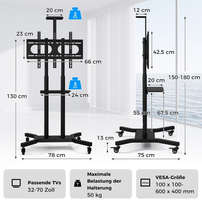 Mobile TV stand for 32-70 inch TVs up to 50 kg. Adjustable TV trolley with camera shelf