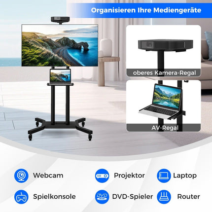 Mobile TV stand for 32-70 inch TVs up to 50 kg. Adjustable TV trolley with camera shelf