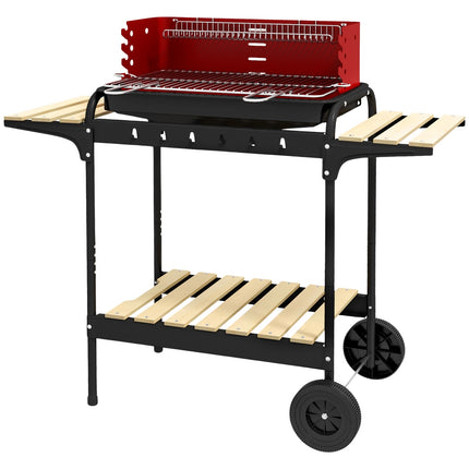 Mobile charcoal grill in metal with wheels and wooden shelf