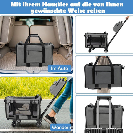 Mobile transport box with telescopic handle & wheels & small bag for cats, dogs, grey
