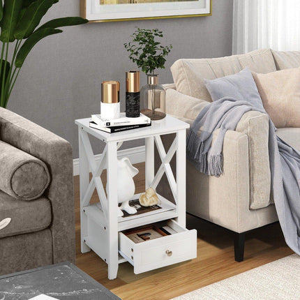 Modern 2-tier bedside table in X design with drawer 40 x 30 x 61.5 cm white