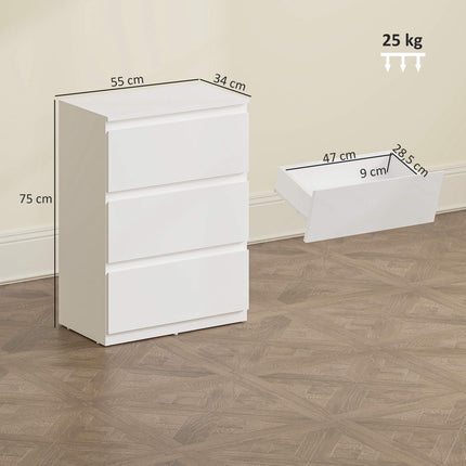 Modern 3-Drawer Dresser, White, 55 x 34 x 75 cm
