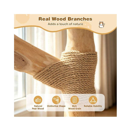Modern 41 Inch Cat Tower with Real Wood Branches, Scratching Posts, Beige