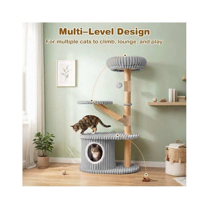 Modern 41 Inch Cat Tower with Real Wood Branches, Scratching Posts, Grey