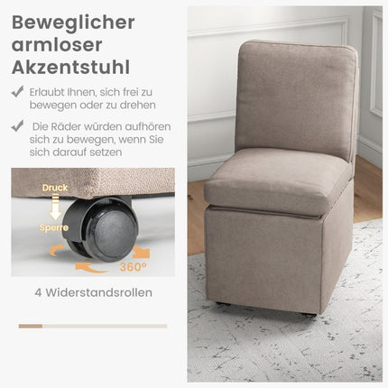 Modern Armless Accent Chair with Resistance Casters & Removable Thickened Cushion Leisure Chair 48 x 61.5 x 84 cm
