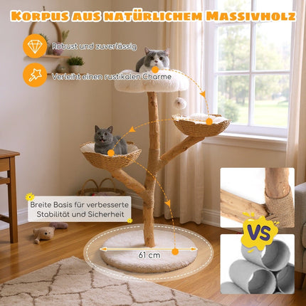 Modern Cat Tree with Real Wood Trunk & Flower Platform