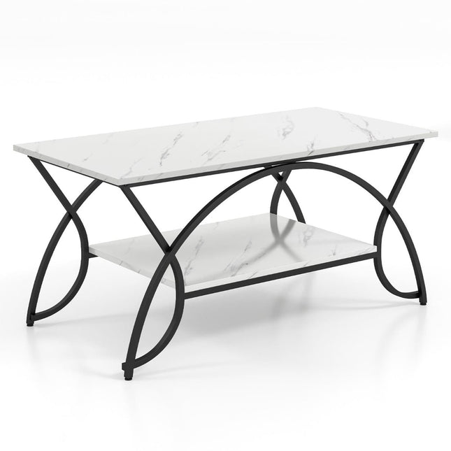 Modern Coffee Table, Faux Marble, 2-Tier, White/Black, 100x50x45 cm
