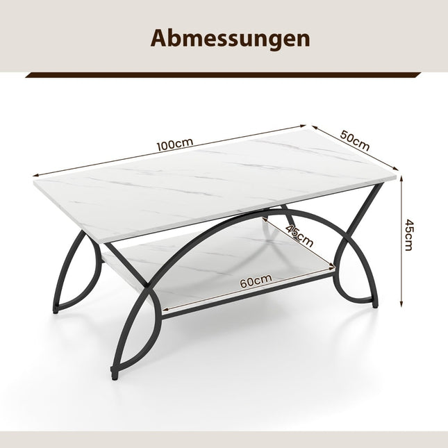 Modern Coffee Table, Faux Marble, 2-Tier, White/Black, 100x50x45 cm