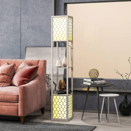Modern Floor Lamp with Shelves, Pull Chain, Black/White