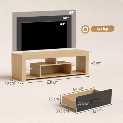 Modern Oak TV Stand with Adjustable Glass Shelves, 65-Inch