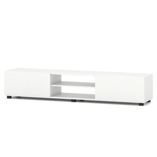 Modern White TV Stand for 70" Screens, 2 Doors, Shelves