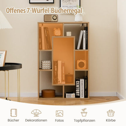 Modern bookcase with 7 compartments and anti-tip geometric open standing shelf natural
