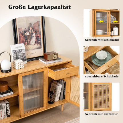 Modern buffet cabinet with sliding doors made of tempered glass rattan boho sideboard