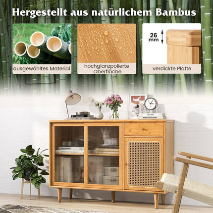 Modern buffet cabinet with sliding doors made of tempered glass rattan boho sideboard