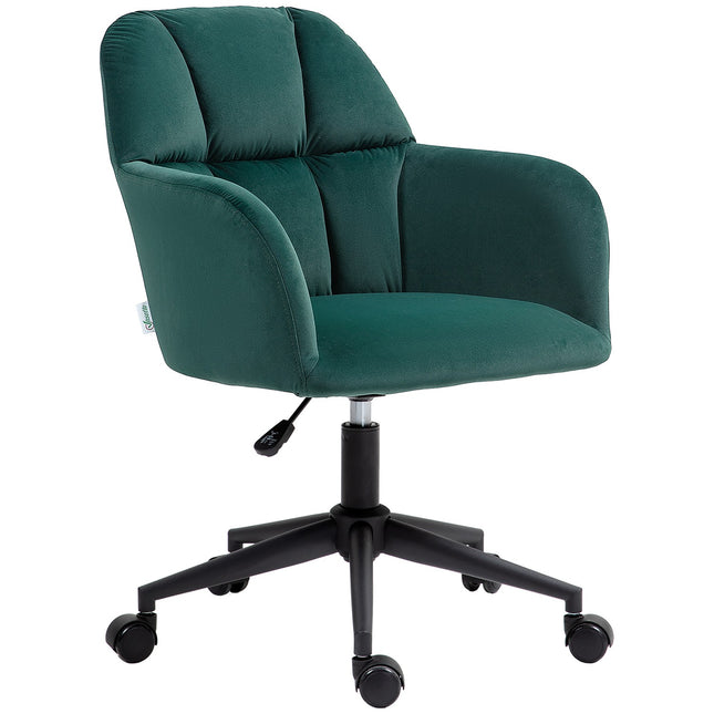 Green Velvet Look Swivel Office Chair, Adjustable With Armrest