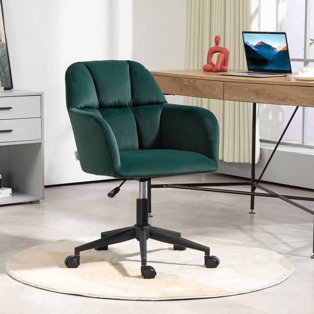 Green Velvet Look Swivel Office Chair, Adjustable With Armrest