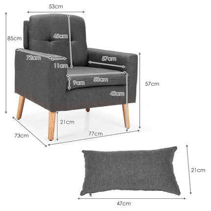 Modern relax chair with armrests & back cushions. Padded single sofa gray 73 x 77 x 85 cm