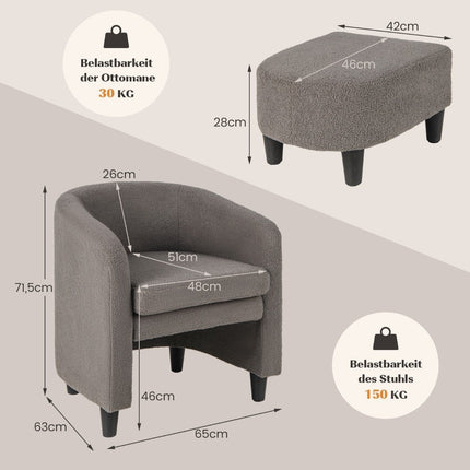 Modern round armchair with ottoman upholstered club chair with footrest gray
