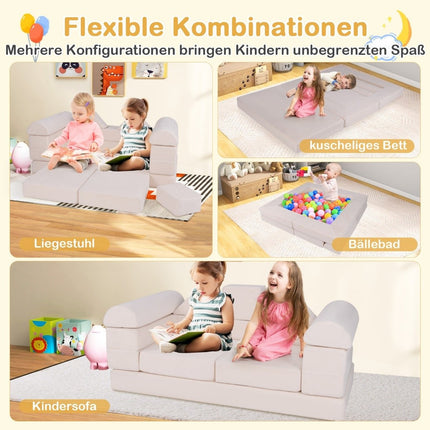 Modular Children's Foam Sofa Set, 9-Piece, Beige Suede
