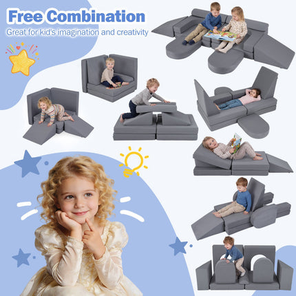 Modular Kids Play Couch, 10-Piece Foam Set, Grey