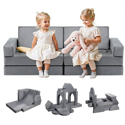 Modular Kids Play Couch, 14-Piece Convertible, Gray