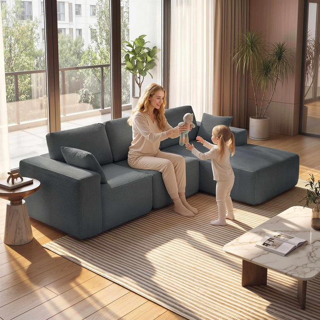 Modułowa sofa rozkładana w kształcie litery L, głębokie siedzisko, sztruks, ciemnoszary