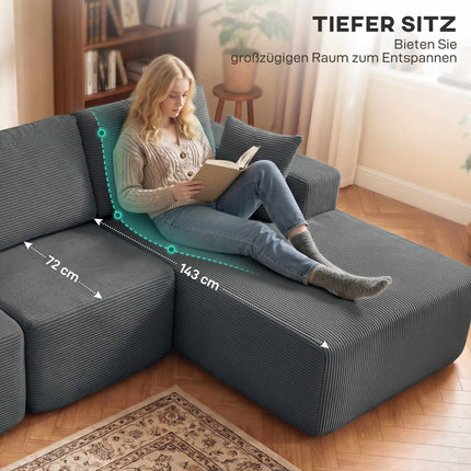 Modular L-Shaped Sofa Bed, Deep Seat, Corduroy, Dark Grey