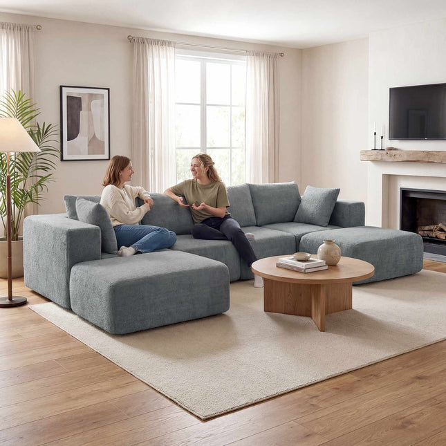 Modułowa sofa w kształcie litery U z głębokimi siedziskami, 2 pufami, ciemnoszara