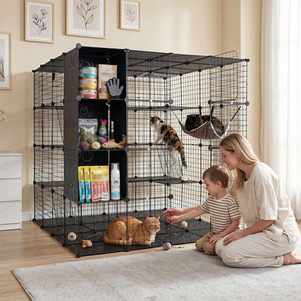 Modular XXL Cat Enclosure with Hammock, Black, 144x144x142 cm