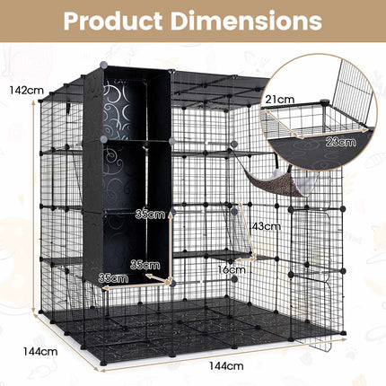 Modular XXL Cat Enclosure with Hammock, Black, 144x144x142 cm