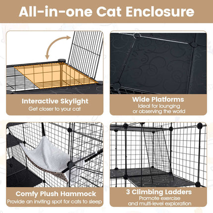 Modular XXL Cat Enclosure with Hammock, Black, 144x144x142 cm