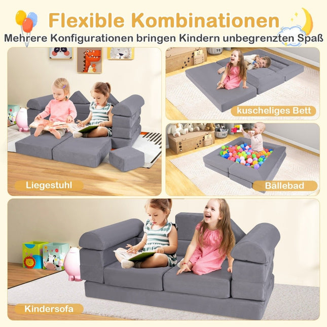 Modular children's sofa 9-piece play sofa made of foam building blocks with comfortable suede fabric gray