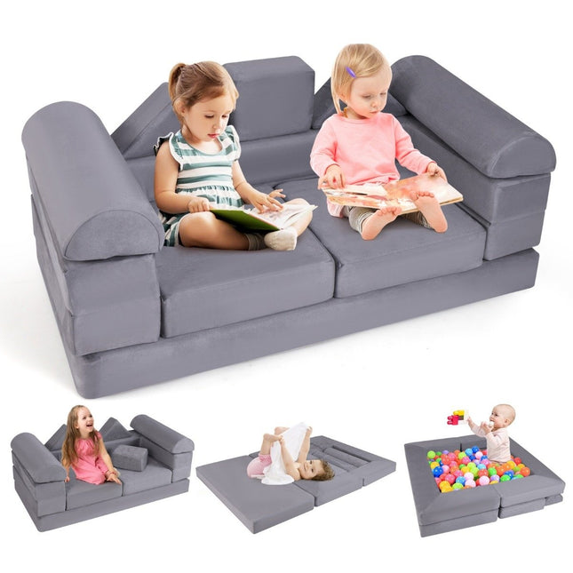 Modular children's sofa 9-piece play sofa made of foam building blocks with comfortable suede fabric gray